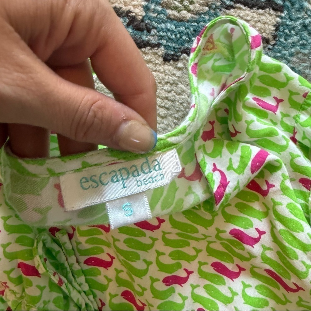 Escapada Beach Green Pink Whale Print Bell Sleeve Tie Waist Tunic Top Small - Picture 7 of 9